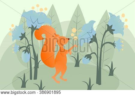 Cartoon, Bright, Colorful Composition With Squirrel Standing And Smelling Flowers In Vector Design. 