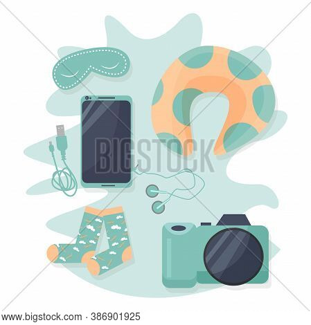 Travel Essentials For Airplane. Important Things For Comfortable Journey. Graphic Illustration In Ve