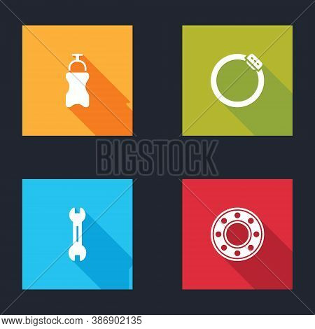 Set Sport Bottle With Water, Bicycle Brake Disc, Wrench Spanner And Ball Bearing Icon. Vector