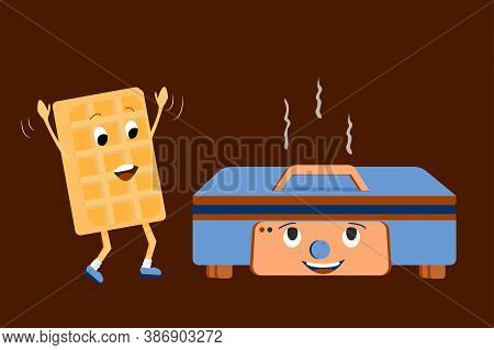 Funny, Comic Cartoon Illustration Of Waffle Near Waffle Iron. Emotional Vector Illustration. Bright 