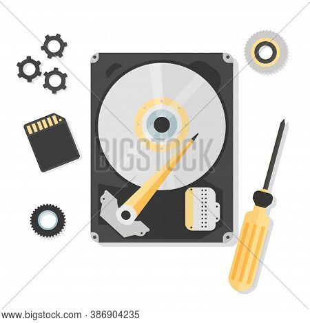 Hard Disk Drive Hd With Screwdriver, Gears In Vector Design Isolated On White Background. Technology