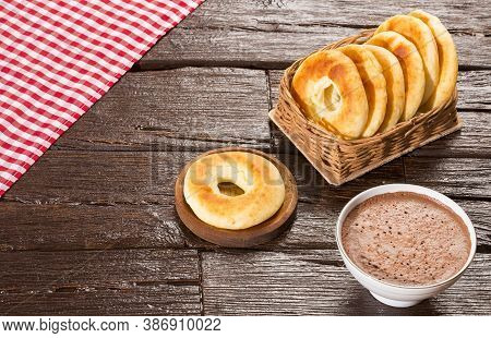Pandequeso Traditional Colombian Food - Hot Drink Chocolate.