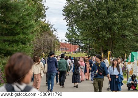 Ibaraki Prefecture, Japan - Oct 20, 2019 : Crowded People Going To The Miharashi Hill To See The Red