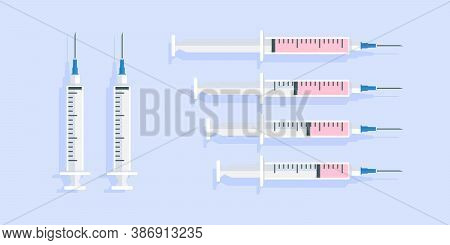 Medical Syringes With Different Dosage Vaccines. Syringes On A Light Blue Background Flat Style. Vec