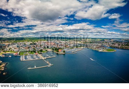 Drone view of Kristiansand town and Kvadraturen from Oderoya, Norway