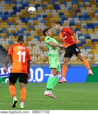 Kyiv, Ukraine - August 5, 2020: Taras Stepanenko Of Shakhtar Donetsk (r) Fights For A Ball With Wout