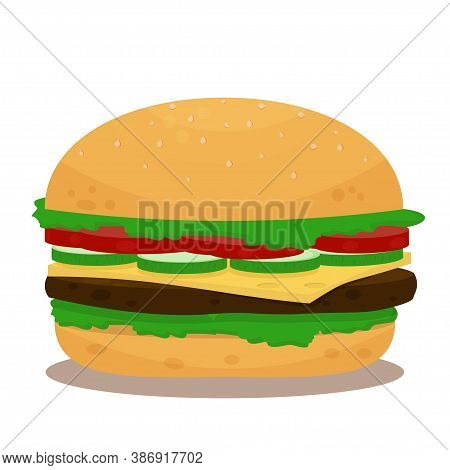 Colorful, Bright Hamburger, Stock Vector Illustration Isolated On White Background. Graphic Detailed