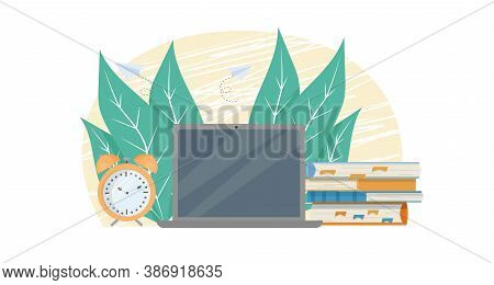 Laptop, Alarm, Books Composition In Flat Design Stock Vector Illustration. Education, Workplace Conc