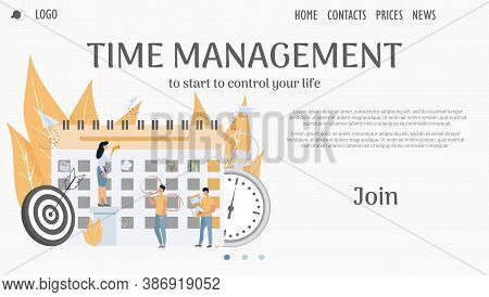 Time Management Planing, Productivity Landing Page. Calendar, Schedule, Stopwatch, Goals And Small C