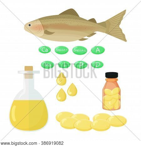 Fish, Liquid In Glass Bottle, Dtops Of Oil, Vitamins That Contains Fatty Acids Isolated Objects On W