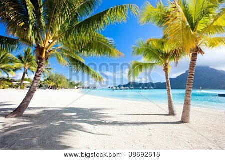 Bella spiaggia con una vista del Monte Otemanu sull'isola di Bora Bora