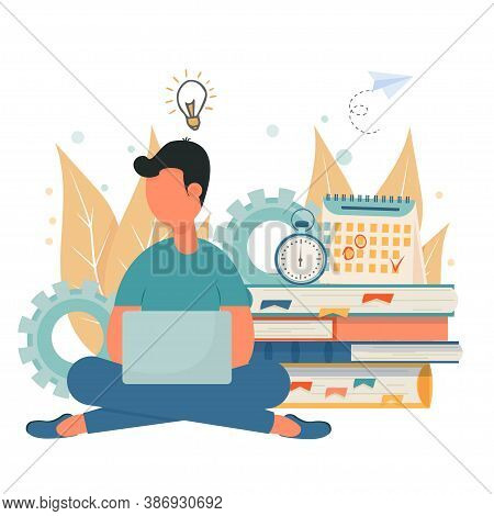 E-learning, Education, Personal Productivity Concept. Young Man, Student Sitting With Laptop Near Bo