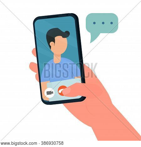 Hand Holding Phone, Video Call, Conference, Stream Concept Stock Vector Illustration. Face Of Man On