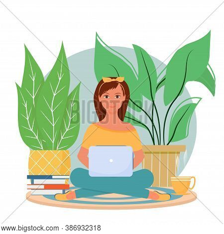 Attractive Girl Sitting With Laptop Near Books, Plants And Cup With Hot Beverage Stock Vector Bright