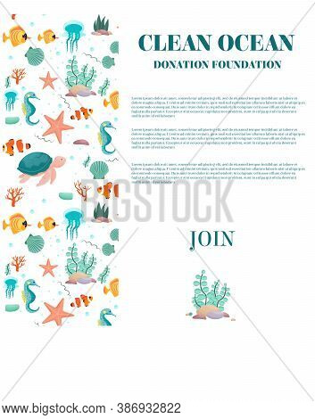 Clean Ocean, Donation Foundation. Flyer, Print, Advertising, Banner. Border Decor With Fishes, Torti