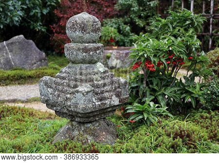 Japanese Garden Decorated Stone Cover By Lichen Moss And Background The Tree. Thallophytic Plant On 