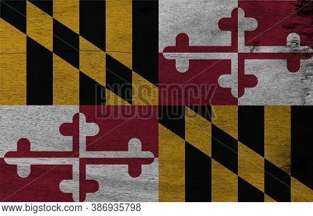 Flag Of Maryland On Wooden Plate Background. Grunge Maryland Flag Texture, The States Of America. He