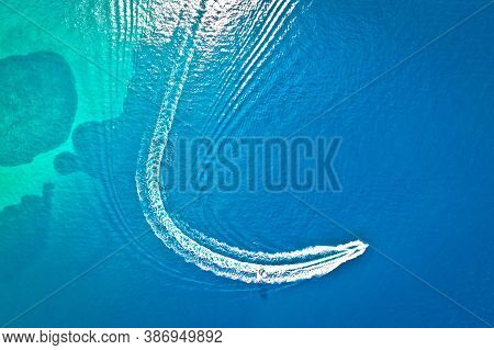 Speed Boat And Water Parachute Or Parasailing Aerial View, Beach Sports And Fun