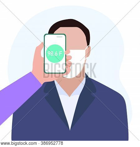 Vector Illustration Phone Placed On Forehead Of Person Remotely Measures Temperature. New Technology