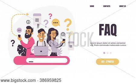 Question Landing Page. Faq. People Ask Frequent Questions. Men And Women Finding Information In Inte