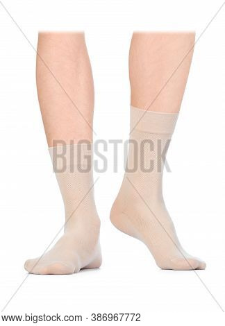 Beige Color Short Mini Socks Mockup For Design Isolated On White Background. Skin Colored Set Of Sho