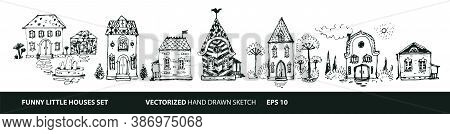 Set Of Houses In Hand Drawn Doodle Style. Street With Different Types Of Houses - Cottage, Mansion, 