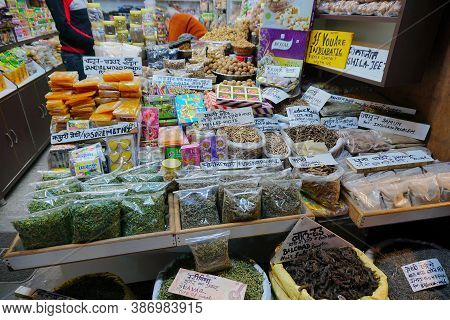 Haridwar, Garhwal, India - 3rd November 2018 : Various Groceries For Sale. Night Image Of Motibazar,