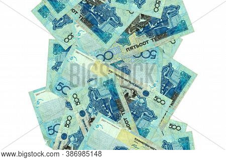 500 Kazakhstani Tenge Bills Flying Down Isolated On White. Many Banknotes Falling With White Copyspa