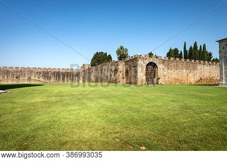 Medieval Walls Of The Pisa City (1155-1161), View From The Piazza Dei Miracoli (square Of Miracles),