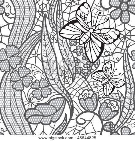 Seamless Lacy Pattern With Flowers And Butterflies