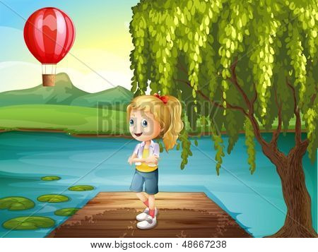 Illustrazione di una ragazza in piedi sopra il ponte di legno con un aerostato di aria calda nelle vicinanze