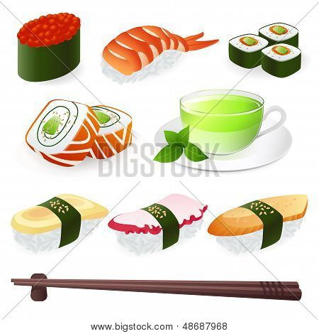 Vektori asettaa: Sushi (rulla). Japanilainen keittiö