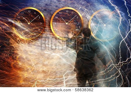Businessman standing - time strategy concept with lightnings and clocks