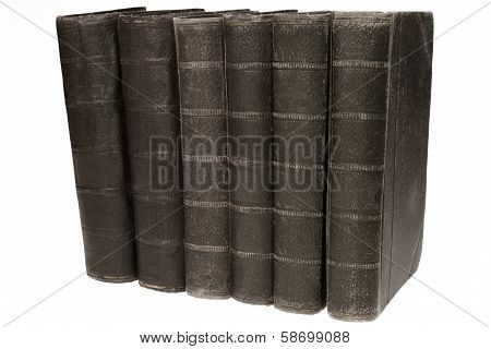 Row of old leather bound books