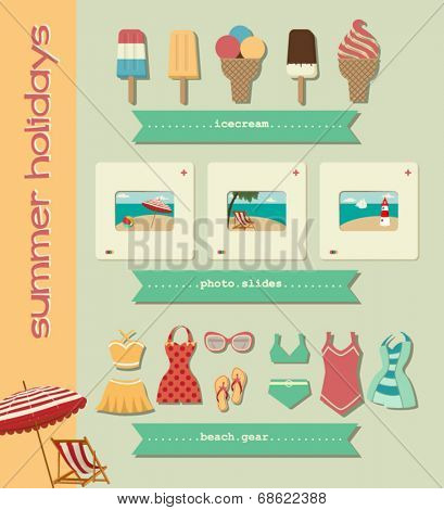 Set of Summer Icons - Colorful summer clip art, including ice cream, photo slides and swimsuits 