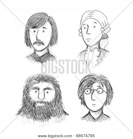 Set of Literature, Music and Cinema Celebrity Faces in Sketch Style. Vector