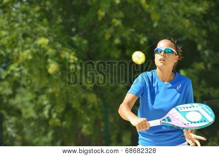 MOSCOW, RUSSIA - JULY 20, 2014: Federica Bacchetta of Italy in the final match against Brazil during ITF Beach Tennis World Team Championship. Italy won 2-0