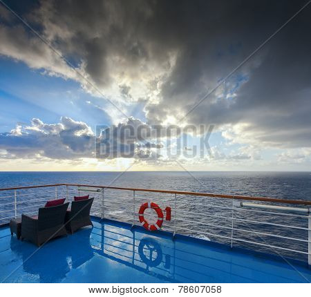 View Of The Ocean And Sky From A Cruise Deck. The Morning After The Rain.