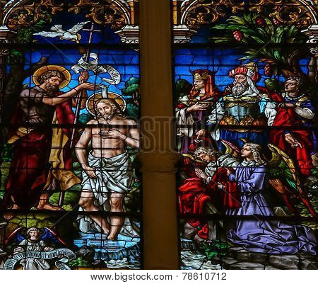Baptism Of Jesus By Saint John - Stained Glass In Burgos Cathedral