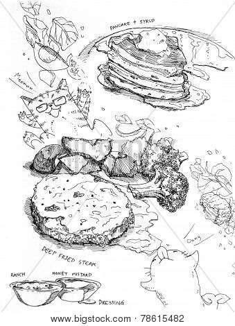 Pancake And Syrup And Steak With Vegetable Drawing
