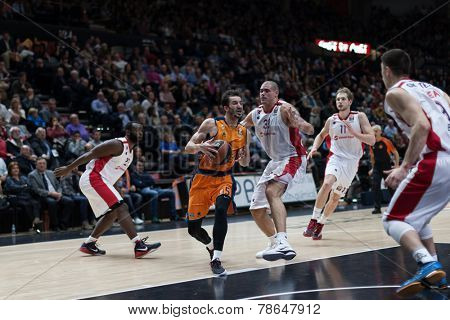 VALENCIA, SPAIN - DECEMBER 5: Ribas with ball during Euroleague match between Valencia Basket Club and Crvena Zvezda Telekom Belgrade at Fonteta Stadium on Dicember 5, 2014 in Valencia, Spain