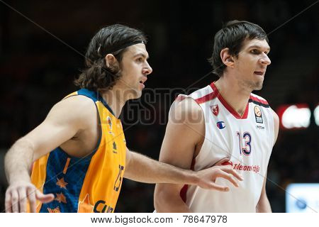 VALENCIA, SPAIN - DECEMBER 5: Loncar L Marjanovic R during Euroleague match between Valencia Basket Club and Crvena Zvezda Telekom Belgrade at Fonteta Stadium on Dicember 5, 2014 in Valencia, Spain