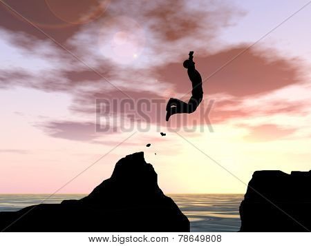 Concept or conceptual young man or businessman silhouette jump happy from cliff over water gap sunset or sunrise sky background