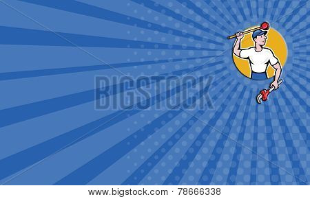 Business Card Plumber Wielding Wrench Plunger Cartoon