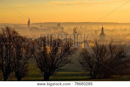 Town Of Krizevci Towers In Fog