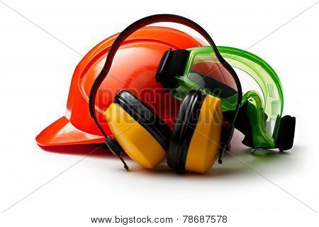 Red Safety Helmet With Earphones And Goggles