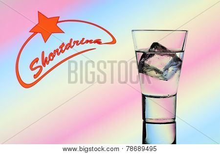 Short Drink Glass With Clear Liquid And Text