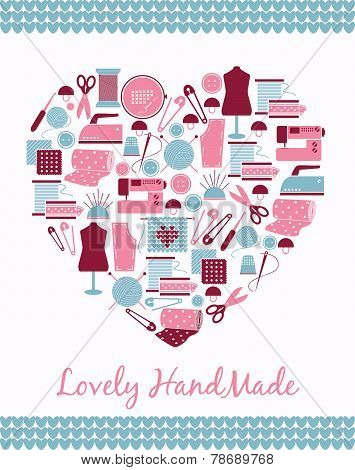 Lovely handmade. Heart shape sign of sewing, knitting