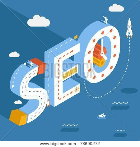 Isometric SEO, success internet searching optimization process illustration