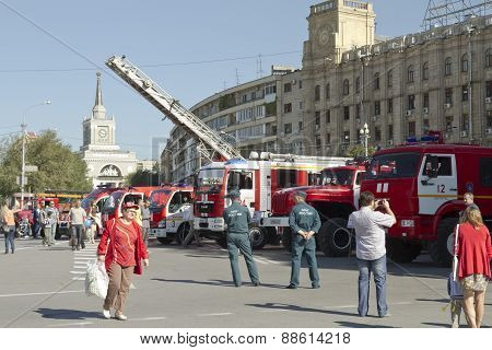 Fire engines at the exhibition stand under the open sky on the forecourt of Volgograd